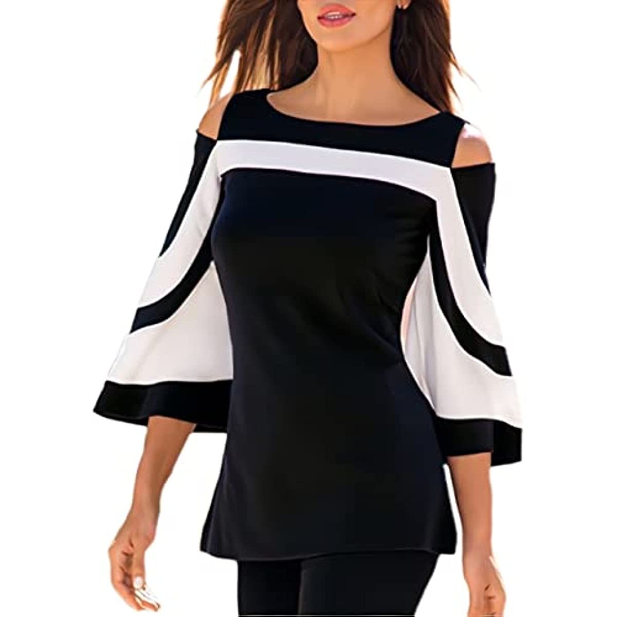 Women Blouses and Tops Black White Colorblock Bell Sleeve Cold Shoulder Top Shirt