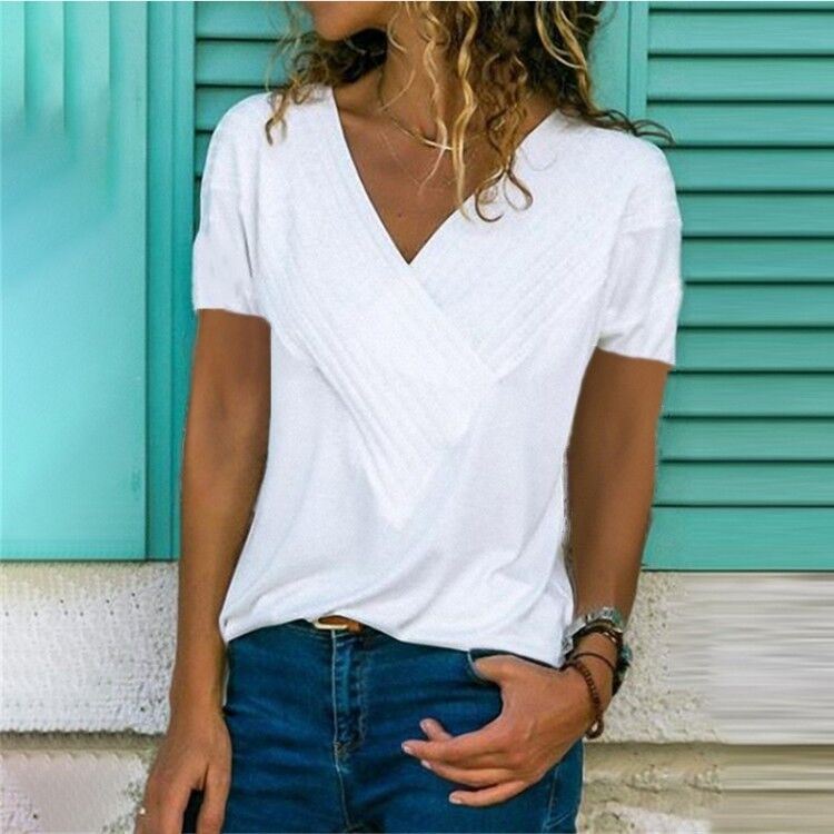 Spring and Summer New Hot Sale Slim Stitching V-neck Short-sleeved Solid Color T-shirt Female