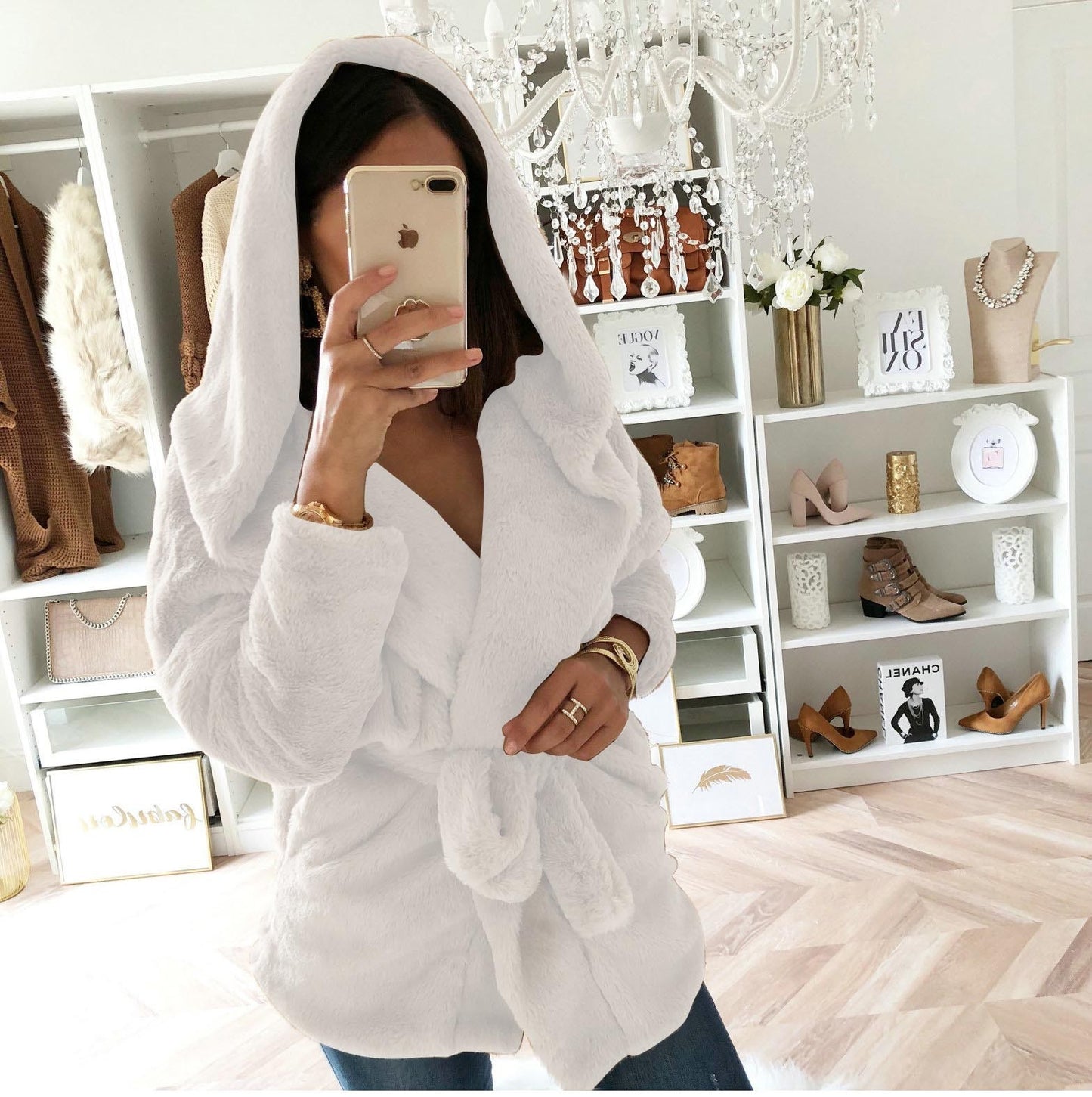 Autumn and winter coat sexy hooded plush slim waist coat