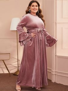 Plus Size Velvet Geometric Pattern Ruffle Sleeve Long Dress; Women's Plus Elegant Maxi Dress