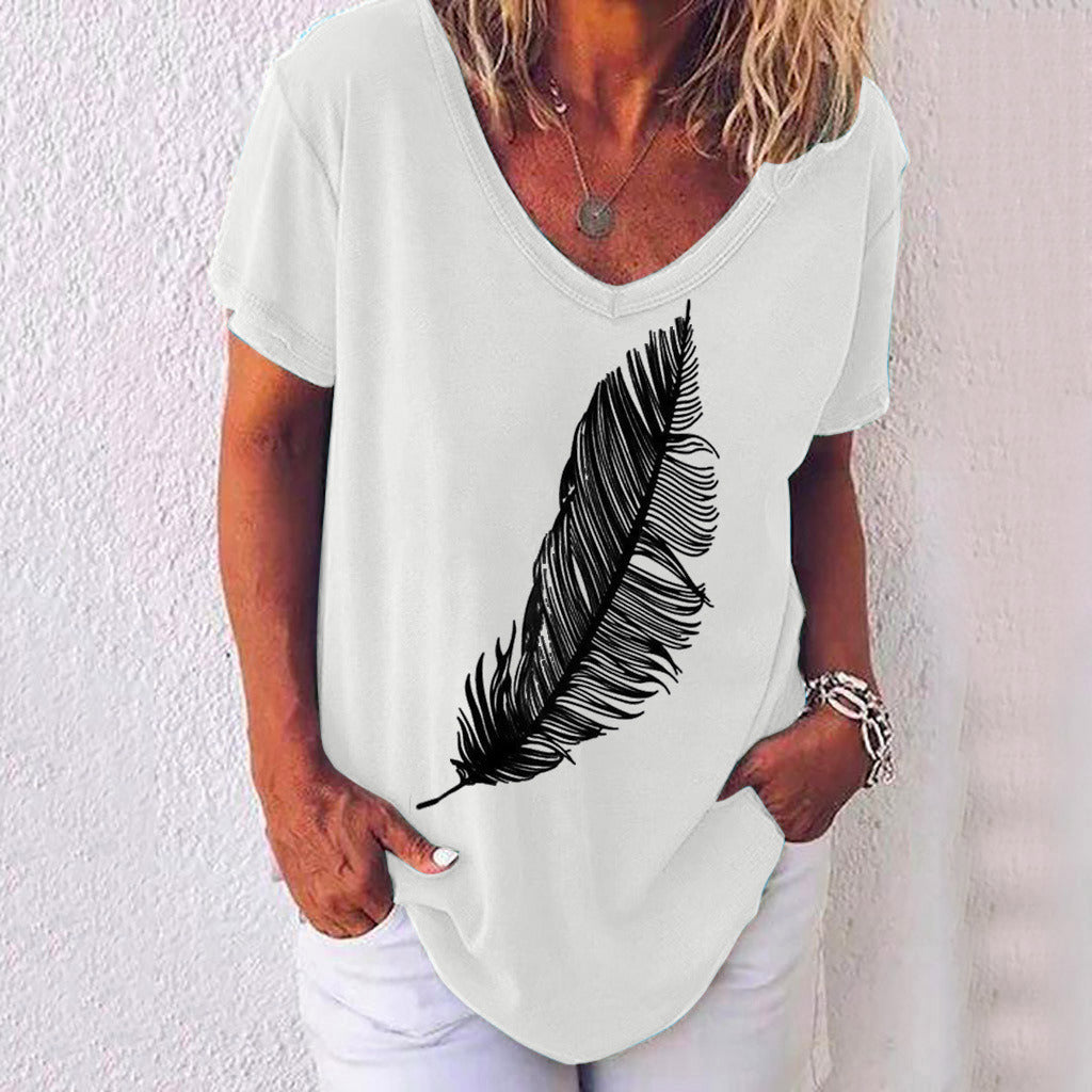 Women's summer new V-neck leaves printed short-sleeved T-shirt