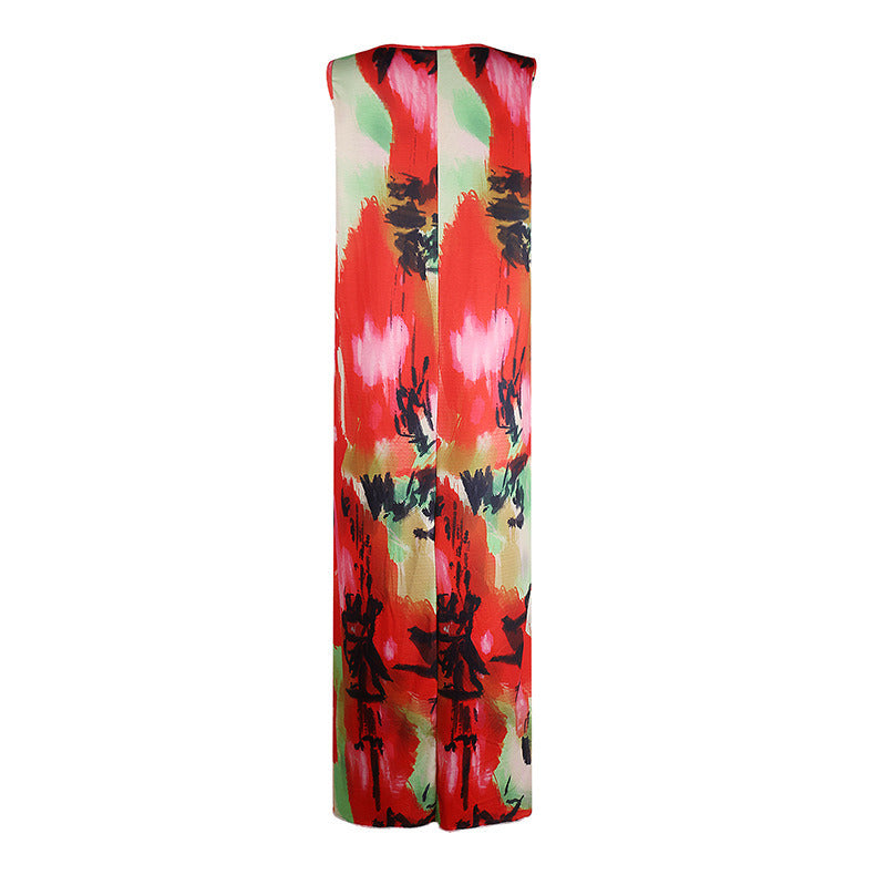 Summer New Women's Sleeveless Printed Bohemian Long Split Dress