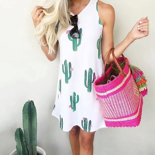 Women's Cactus Print Round Neck Sleeveless Tank Dress