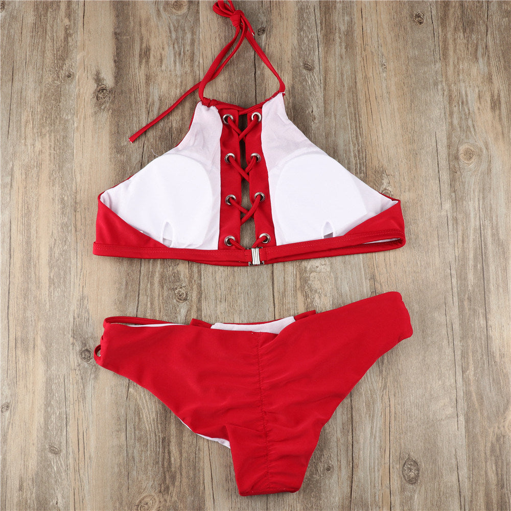 Europe and the United States new red punching sexy lace bikini split swimsuit