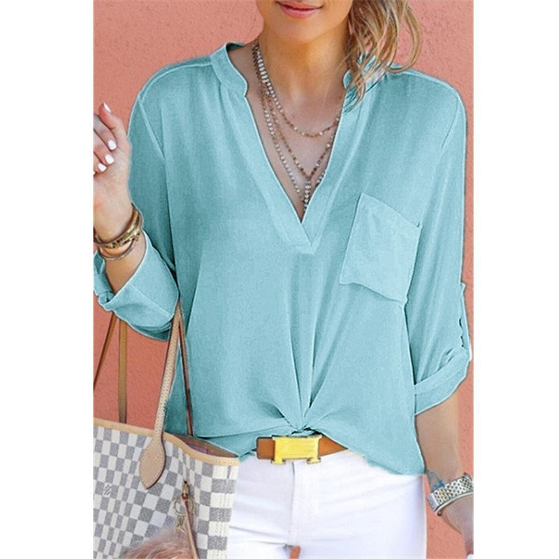 autumn women's new V-neck solid color chiffon pocket shirt