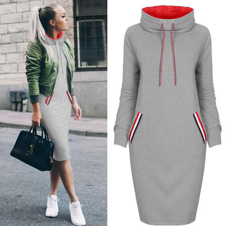 Women's Fashion Autumn Solid Color Loose Casual Long Sleeve Pocket High Collar Hoodie Dress