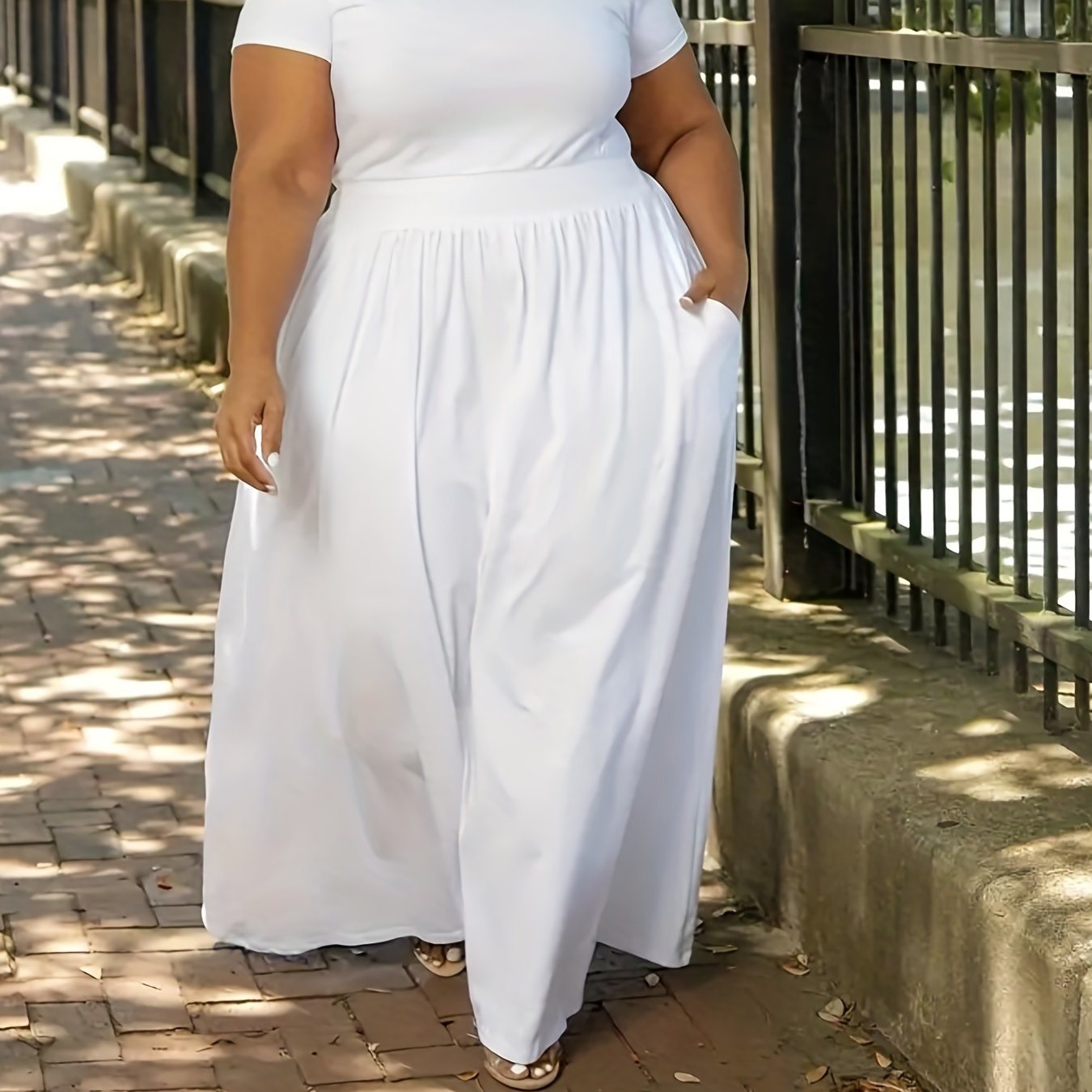 Plus Size Solid Short Sleeve Maxi Dress; Women's Plus Medium Stretch Elegant Long Dress