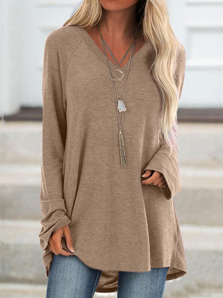 Autumn Hot Sale Solid Color Casual Large Size V-neck Loose Long-sleeved Pullover T-shirt Mid-length