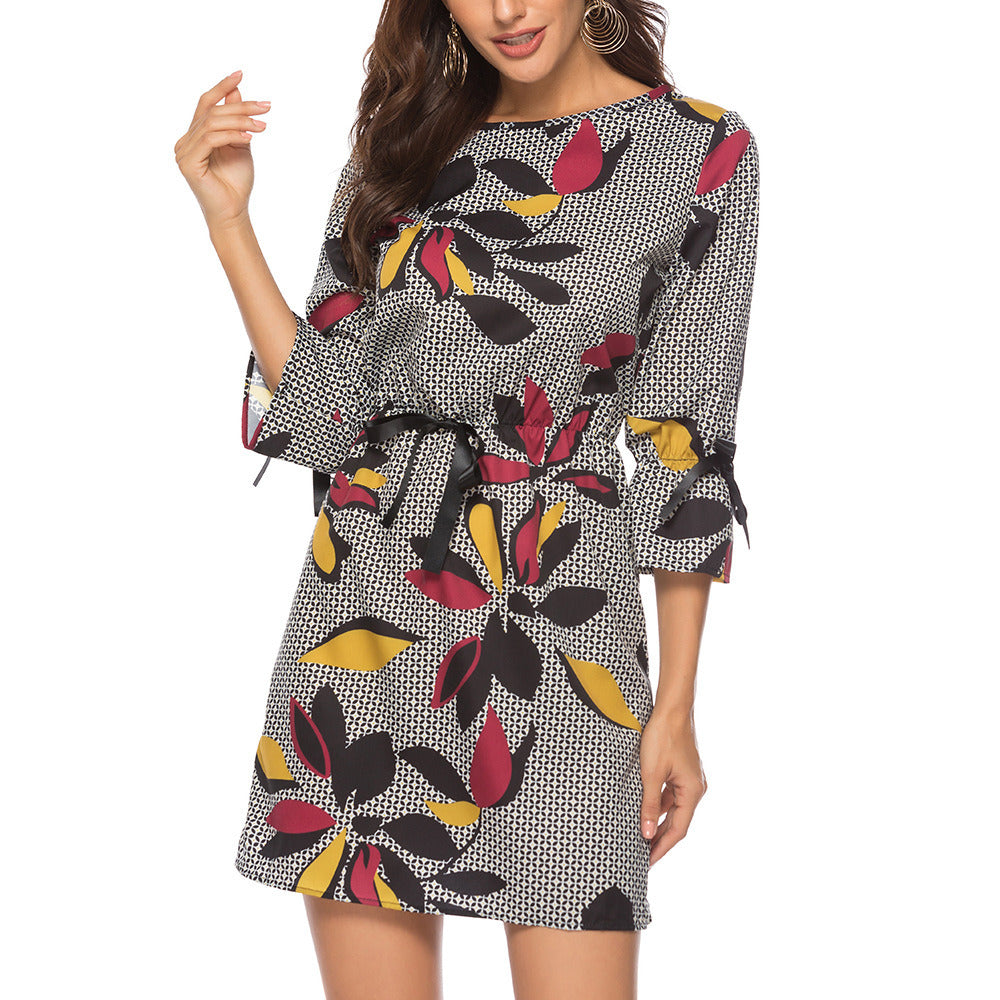 New women's dress chiffon print cropped sleeves waist long dress