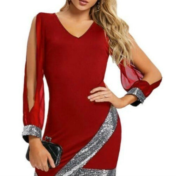 Europe and the new women's sexy V-neck hollow sleeve stitching sequin dress