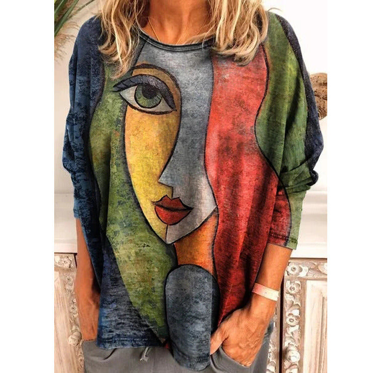 autumn and winter new plus size women's face print long-sleeved loose T-shirt tops