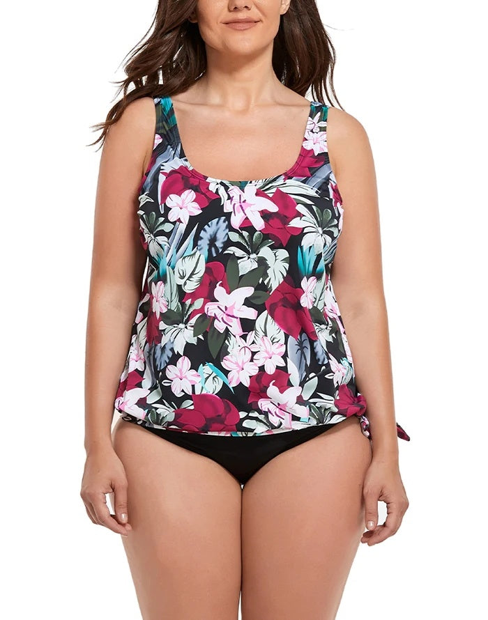 Wine Pink Flower Side Tie Blouson Tankini Top