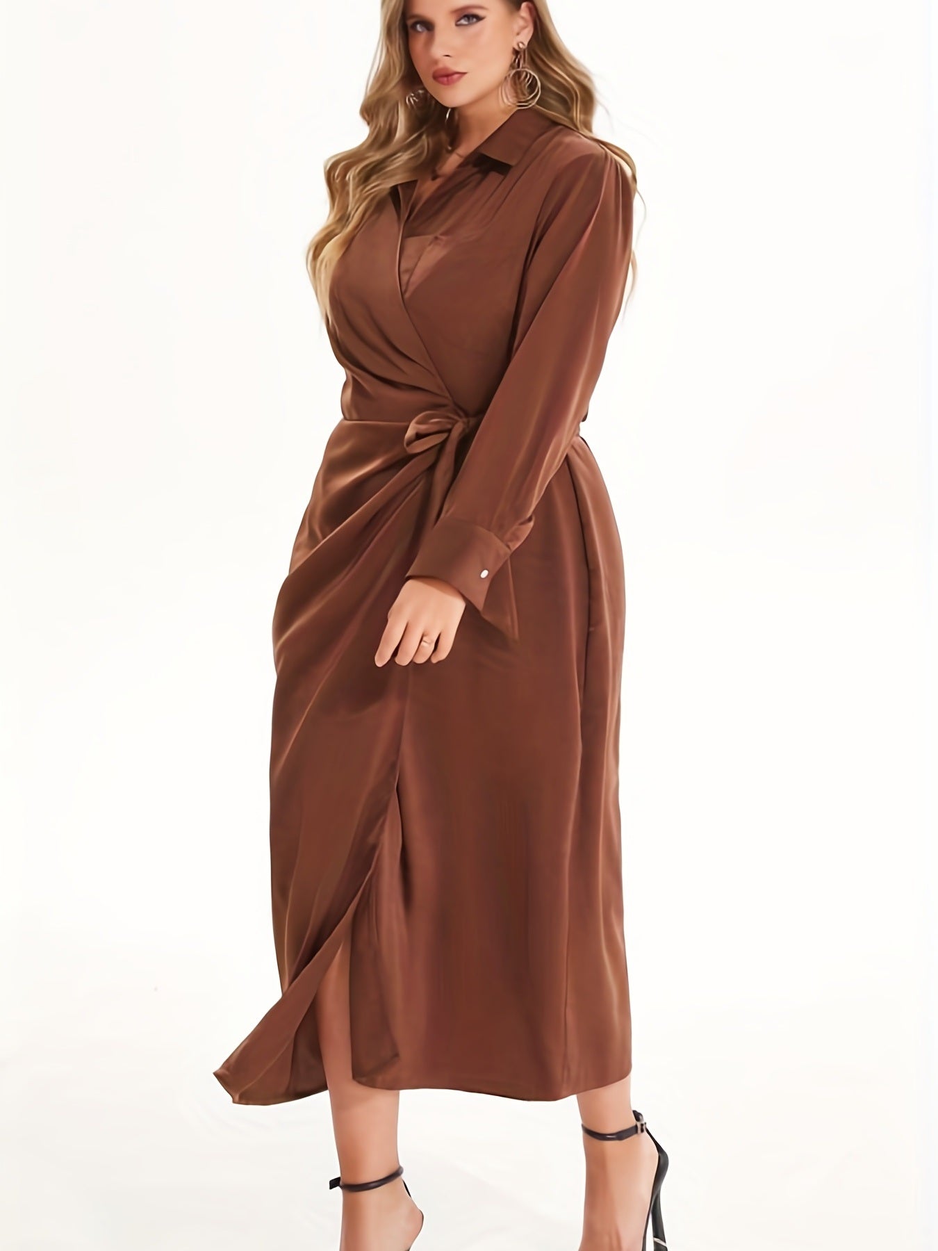 Plus Size Satin V Neck Long Sleeve Solid Wrap Maxi Dress With Belt; Women's Plus Elegant Medium Stretch Maxi Dress