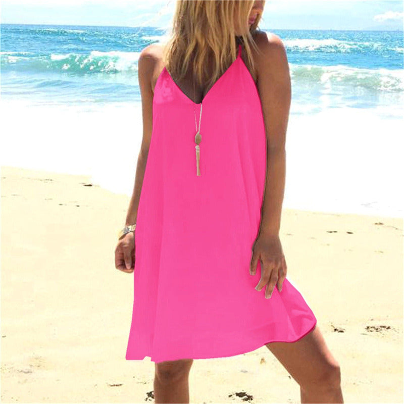 Summer Hot Sale Solid Color Sling Big Swing Women's Dress