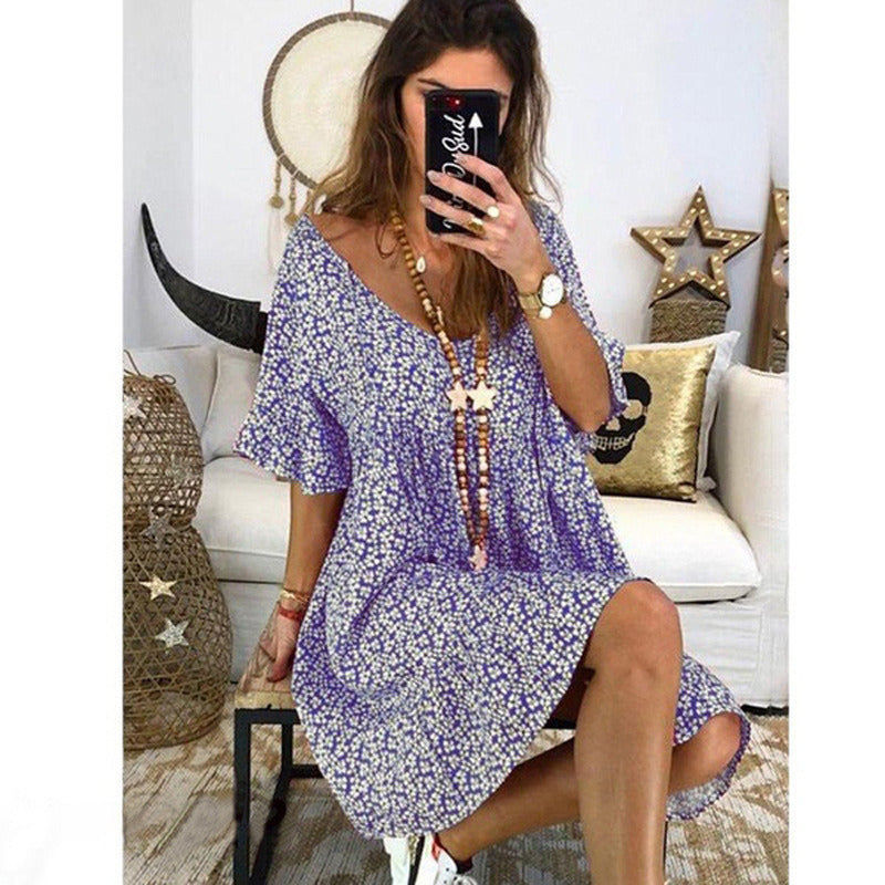 summer new women's wide V-neck loose trumpet sleeve print dress