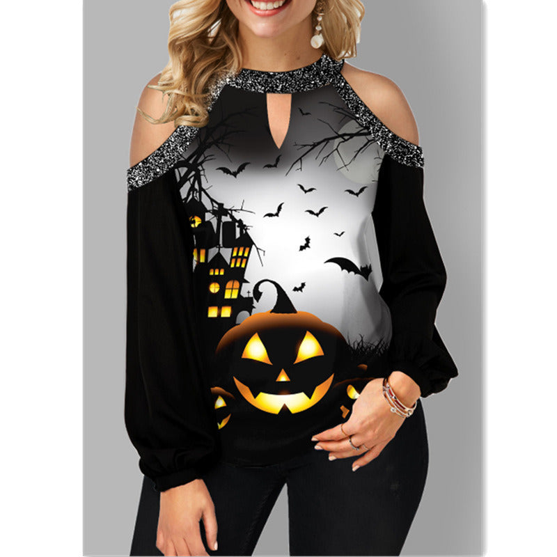 Women's New Tops Stitching Sequins Round Neck Strapless Halloween Printed Casual T-shirt