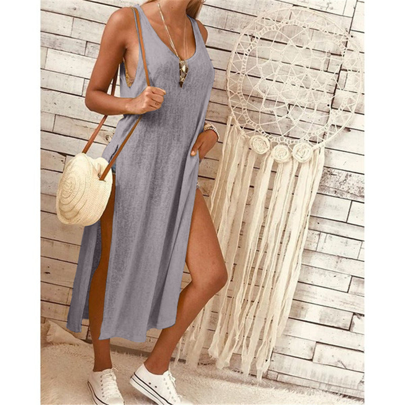 201 European and American Women's Solid Color Fashion Split Sleeveless Loose Dress