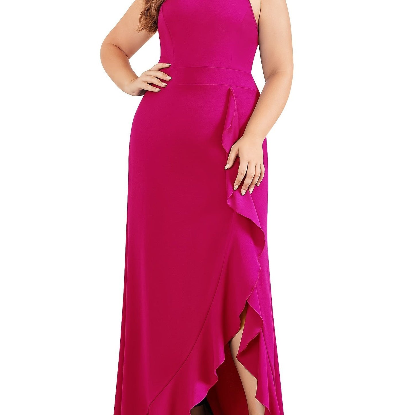 Plus Size Solid Ruffle Trim Split Hem Halter Neck Dress; Women's Plus Party; Events Elegant Maxi Prom Dress