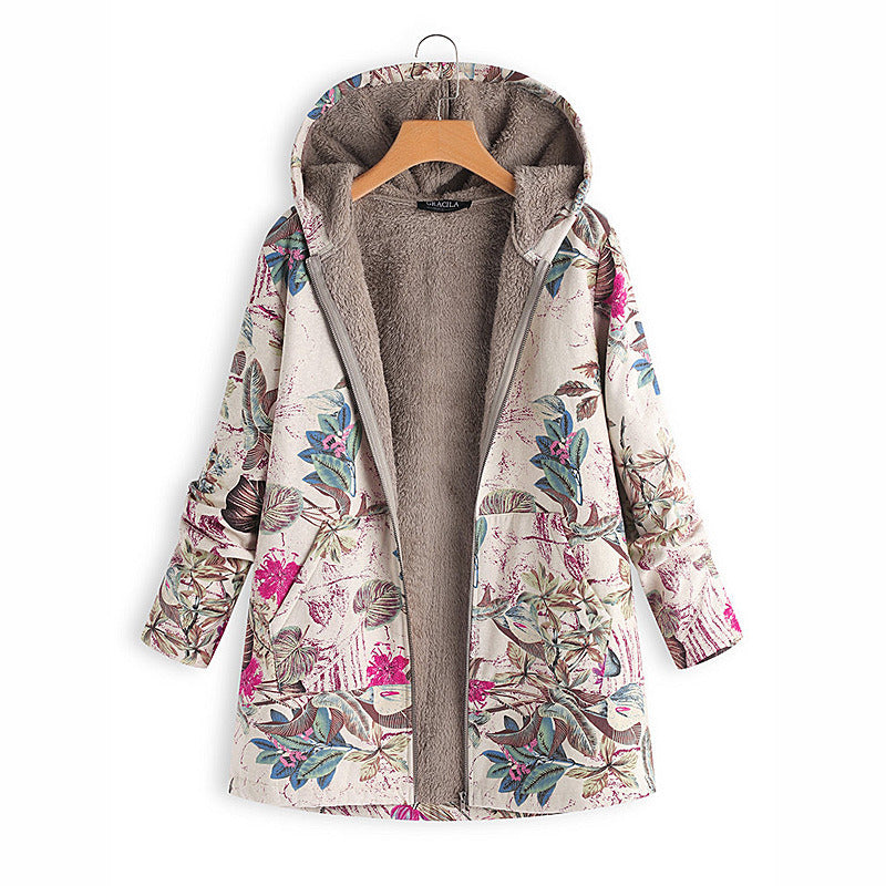 Europe and the new women's digital printing hooded sweater warm plush jacket