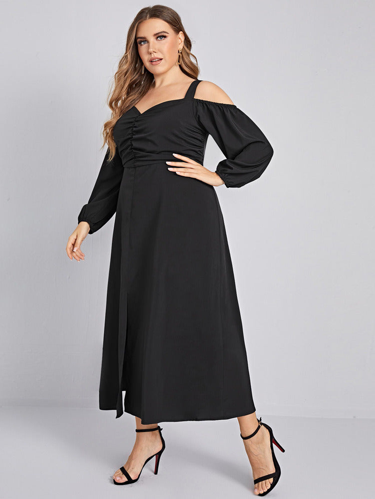 Spring Summer Autumn Plus Size Midi Sling Slit Dress XL-4XL Women Vintage Black Fashion Elegant Long Sleeves Pleated Loose Hem