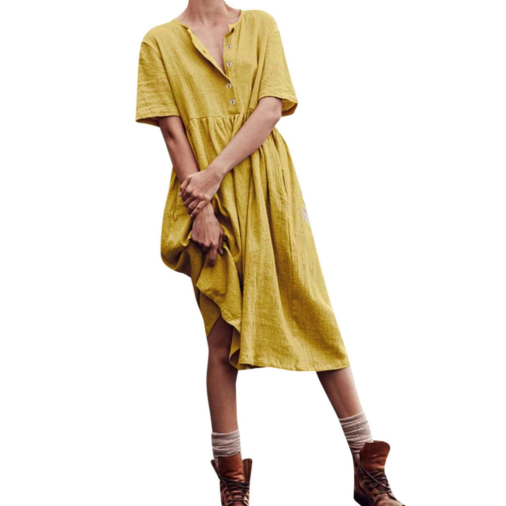 New Women's Solid Color Short-sleeved Cotton and Linen Button Slimming Dress Big Swing Skirt