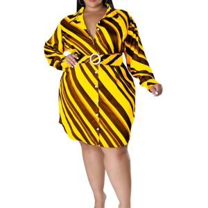 Plus Size Strip Print Lapel Collar Belted Mini Dress; Women's Plus Elegant Shirt Dress