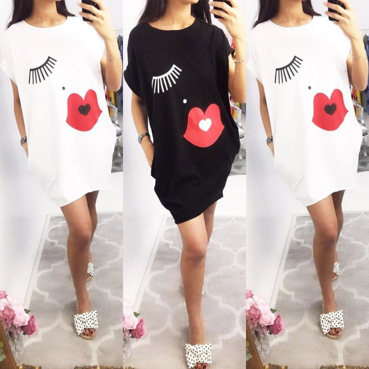 Women's fashion new short-sleeved lips eyelashes print loose dress