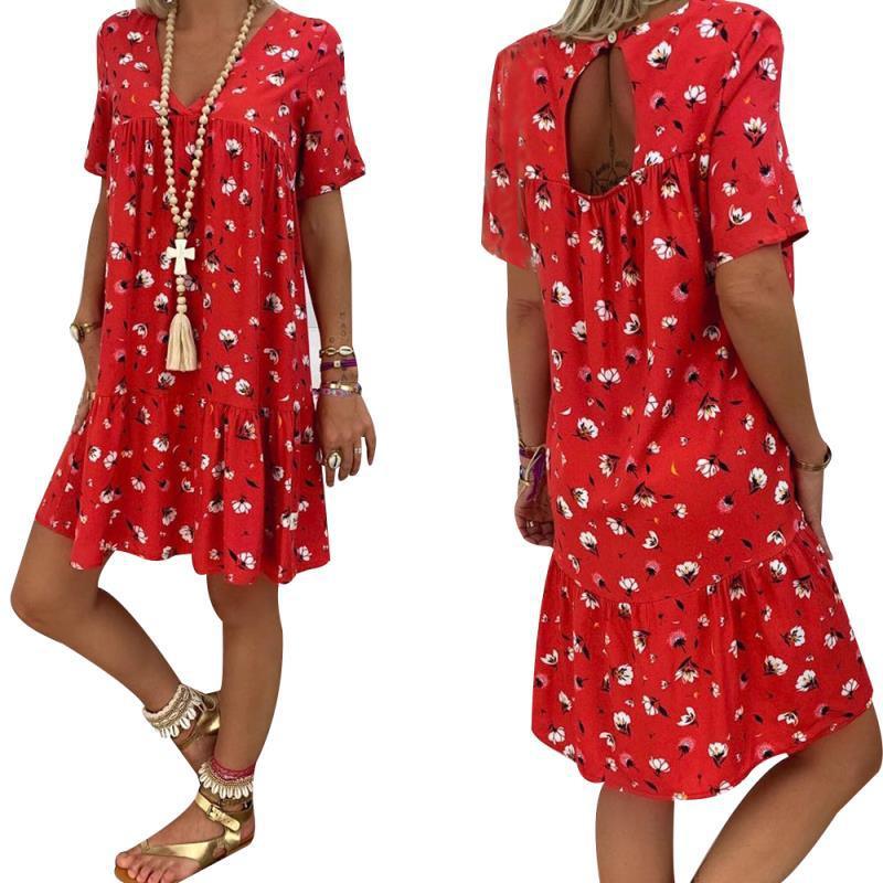 European and American new women's printing long V-neck short-sleeve dress