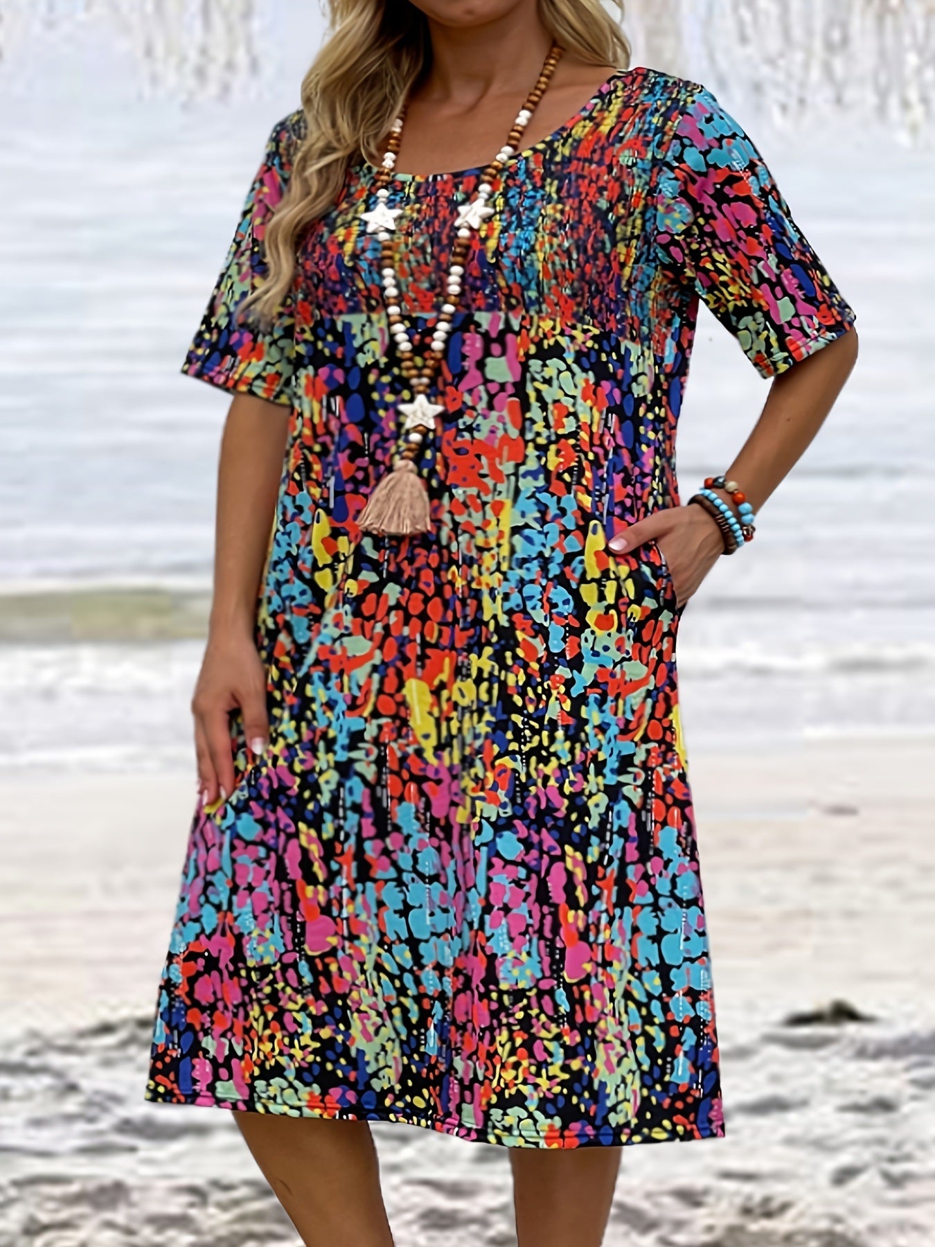 Plus Size Retro Dress; Women's Plus Graphic Print Short Sleeve Shirred Round Neck Dress With Pockets