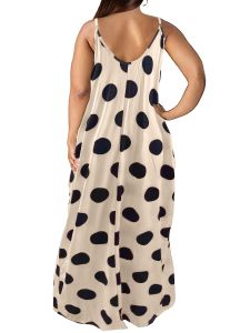 Plus Size Casual Dress; Women's Plus Dot Print V Neck Cami Maxi Dress With Pockets