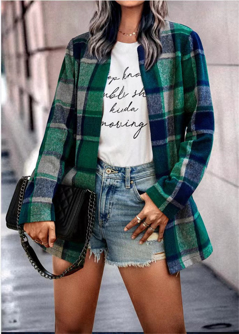 Autumn and winter 2022 women's loose check print long sleeve pocket woolen jacket cardigan top