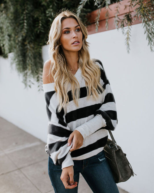 Autumn and Winter Blouse Sexy Round Neck Black and White Striped Loose Long-sleeved Shirt