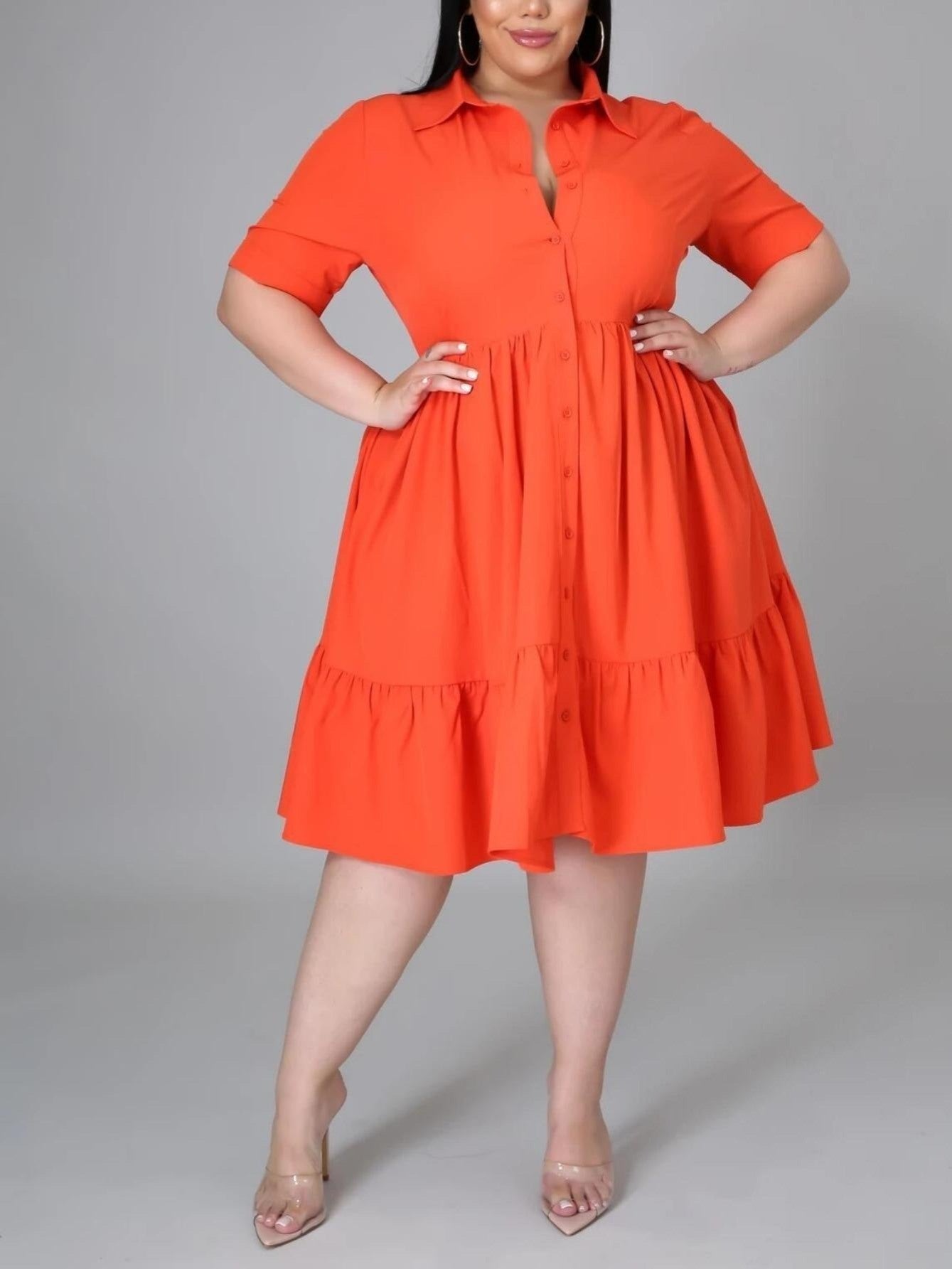 Plus Solid Color Casual Knee Length Ruffle Dress; Elegant Turn Down Collar Spring Fall Dress