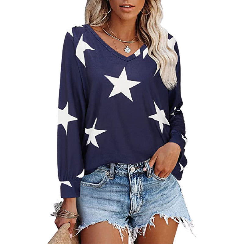 202 autumn and winter new women's tops fashion star printing V-neck long-sleeved t-shirt