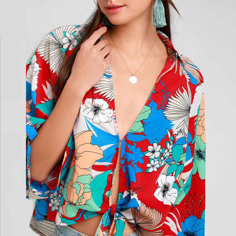 new women's sexy large V-neck flowers tied knot long-sleeved shirt