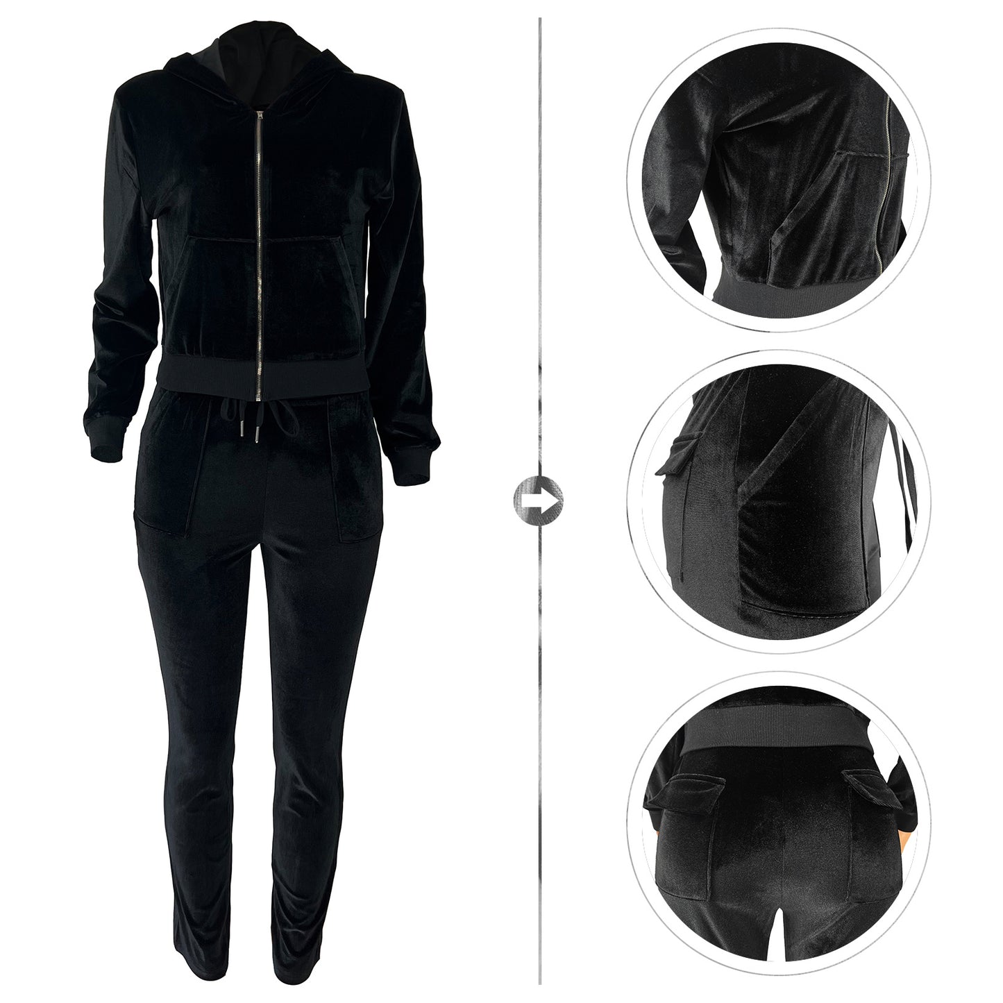 Women Solid Color Sets Velvet Thread Zipper Hood Wear Lounge Wear Suit Sport Set Tops and Pants