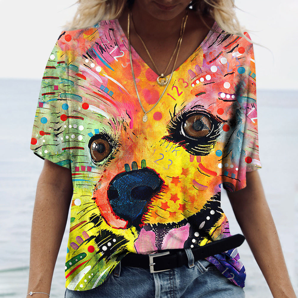 Women's V-neck Top Short Sleeve T-shirts Summer New 3D Cute Dog Print Casual Lovely Harajuku Versatile