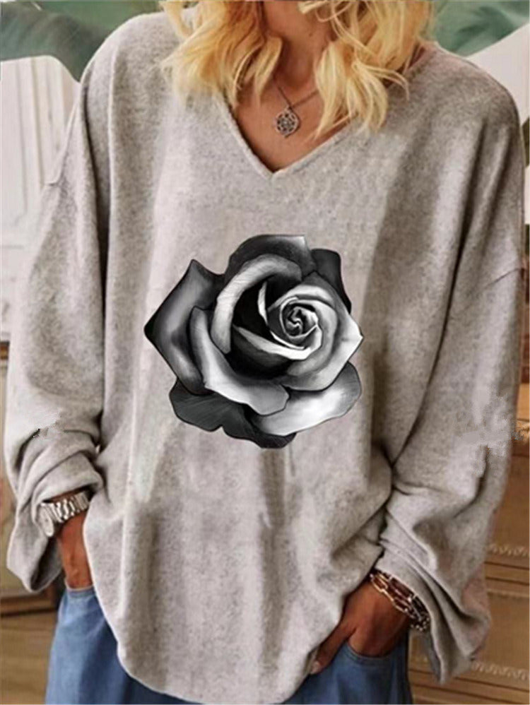 women's V-neck rose printing casual pullover long-sleeved T-shirt plus size women's top