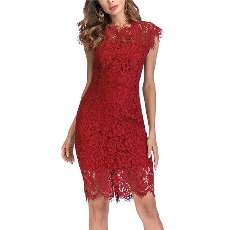 Women's Sleeveless Lace Floral Elegant Cocktail Dress Crew Neck Knee Length for Party