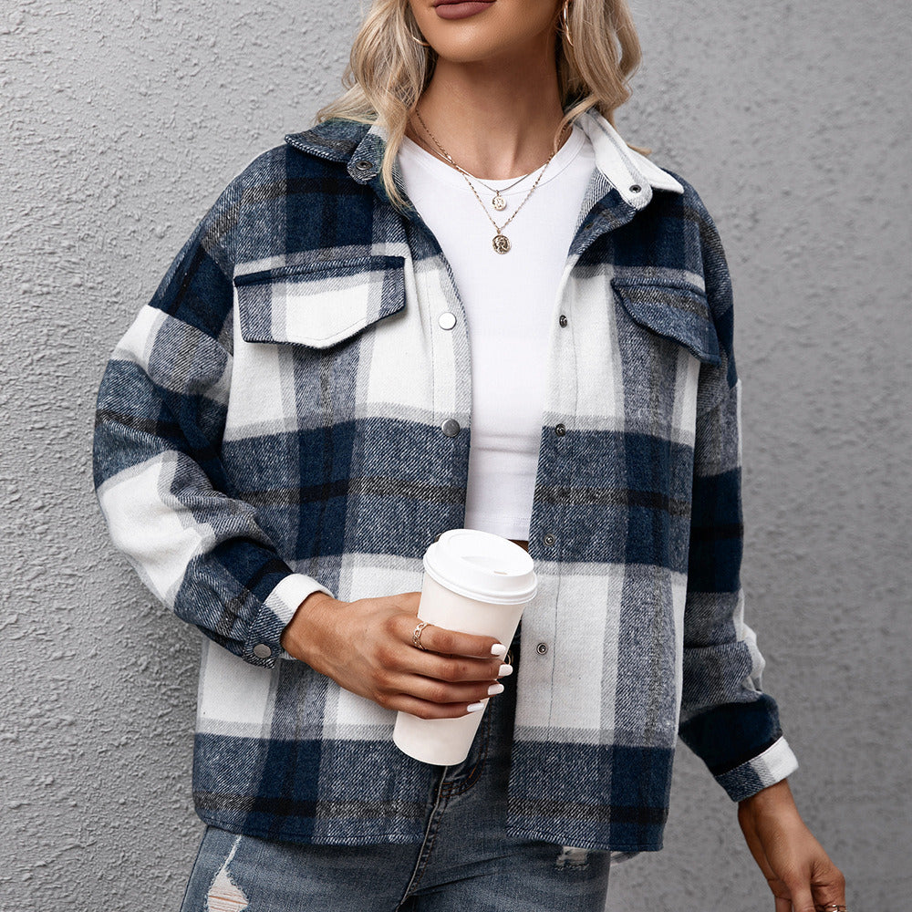 Women's Thick Cashmere Long-sleeved Plaid Top Loose Casual Shirt Plush Plaid Jacket