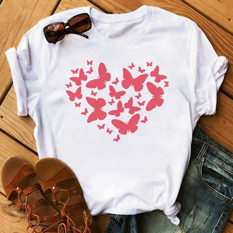 Watercolor Butterfly Heart Printed T Shirt New Women T--Shirt Harajuku Cute Graphic Tee Shirt Ladies Casual Female Tops Tee