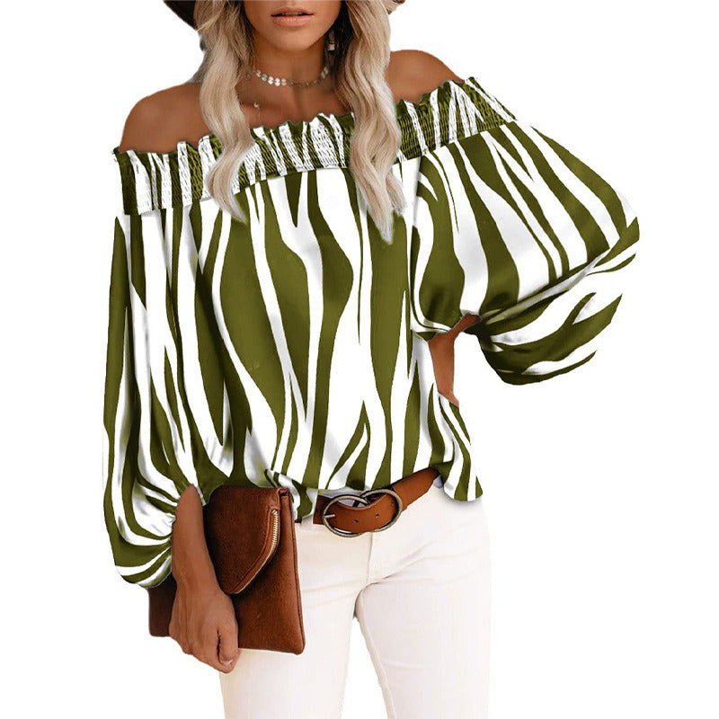 Sexy Off Shoulder Stripe Print Chiffon Shirt Women Fashion One Neck Lantern Long Sleeve Pullover Tops Street Vintage Lady Blouse