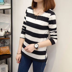 Spring and Autumn Wear Loose Korean Version of The Thick Stripe Super Thin Hooded Base T-shirt Female Large Size Long-sleeved Shirt