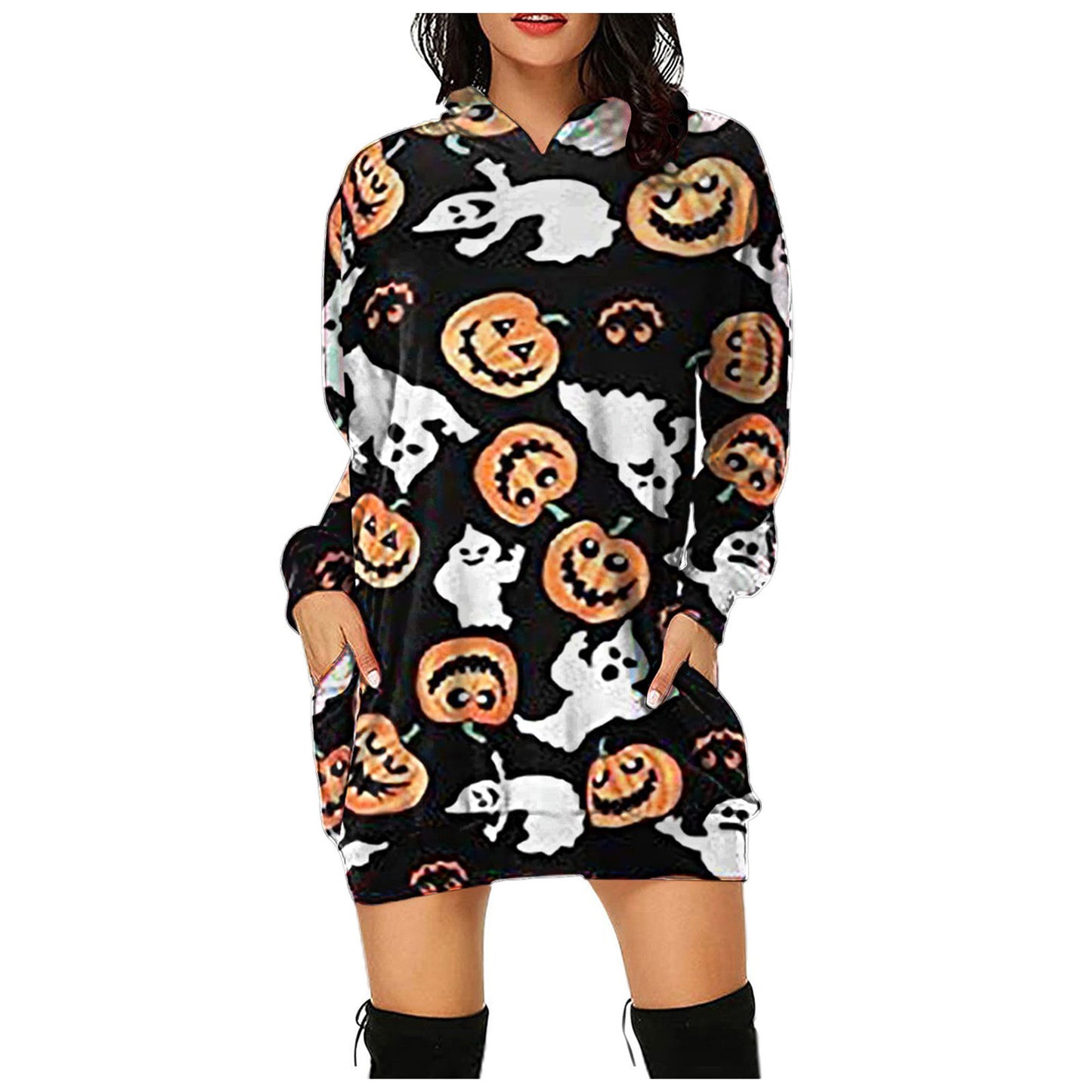 Halloween Women's New Style Dress Digital Printed Hooded Long Sleeve Dress