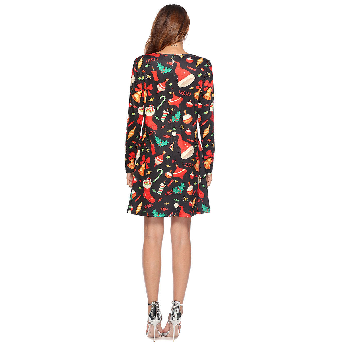 autumn and winter new European and American Christmas dress women's printed A word pocket dress