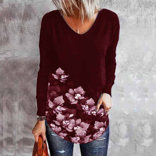 autumn and winter new women's tops flower printing loose V-neck long-sleeved t-shirt