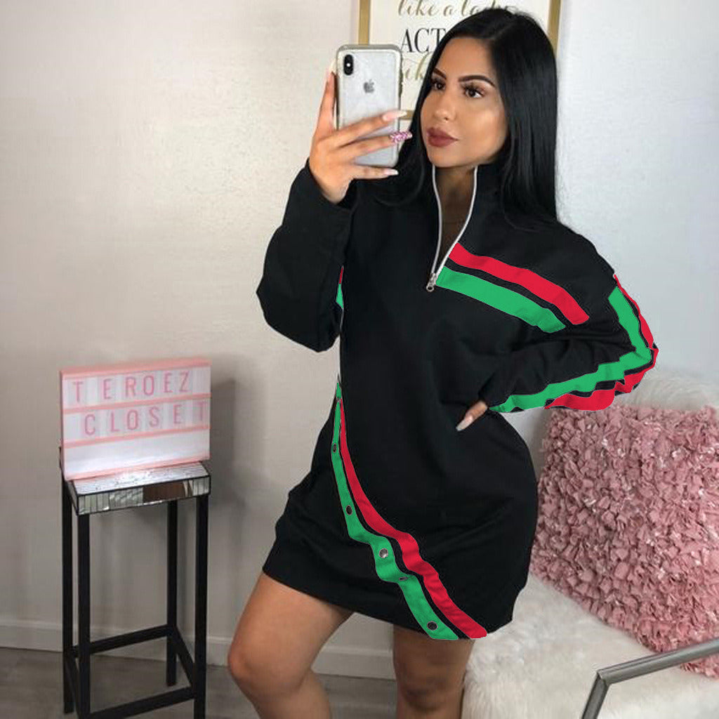 Women Fashion Striped Dress Long Sleeve Zipper Casual Sport Dress Plus Size