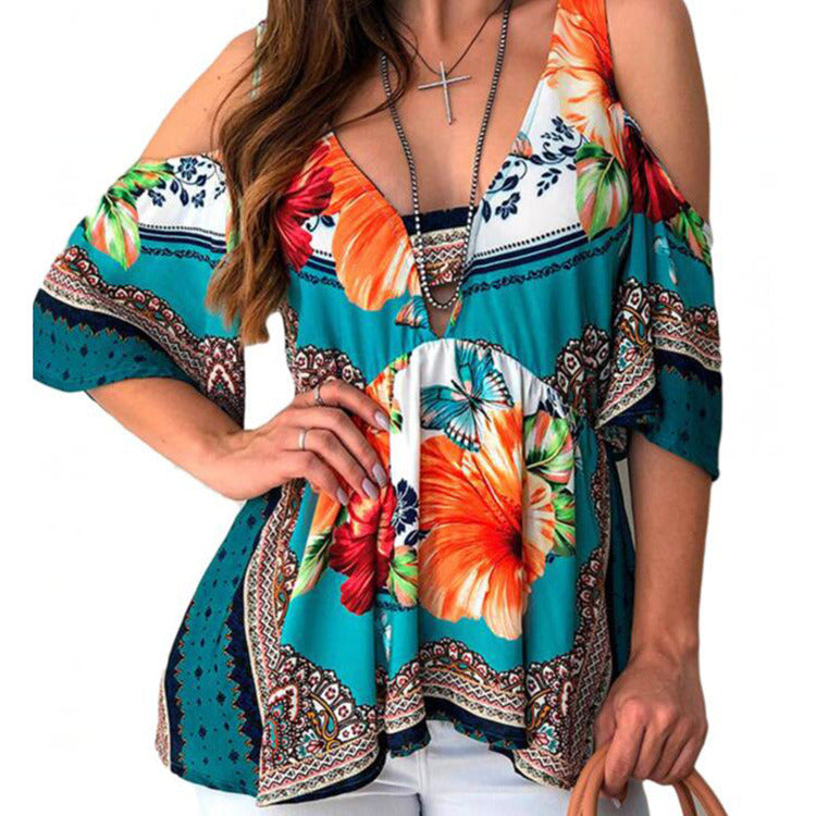 New Women's Sexy Backless Off Shoulder Print Top S-3XL