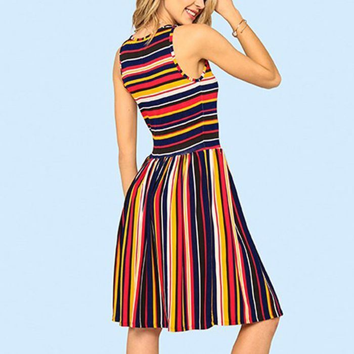 European and American Striped Print Dress Round Neck Sleeveless Dress