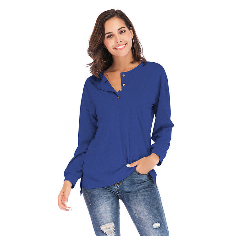 New women's side slit long sleeve button solid color shirt T-shirt